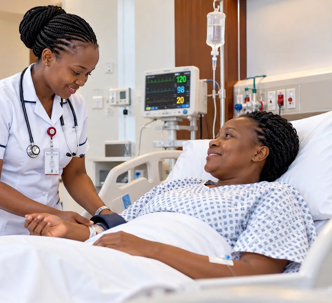 Nurse in a white uniform checking a patient's blood pressure in a hospital ward