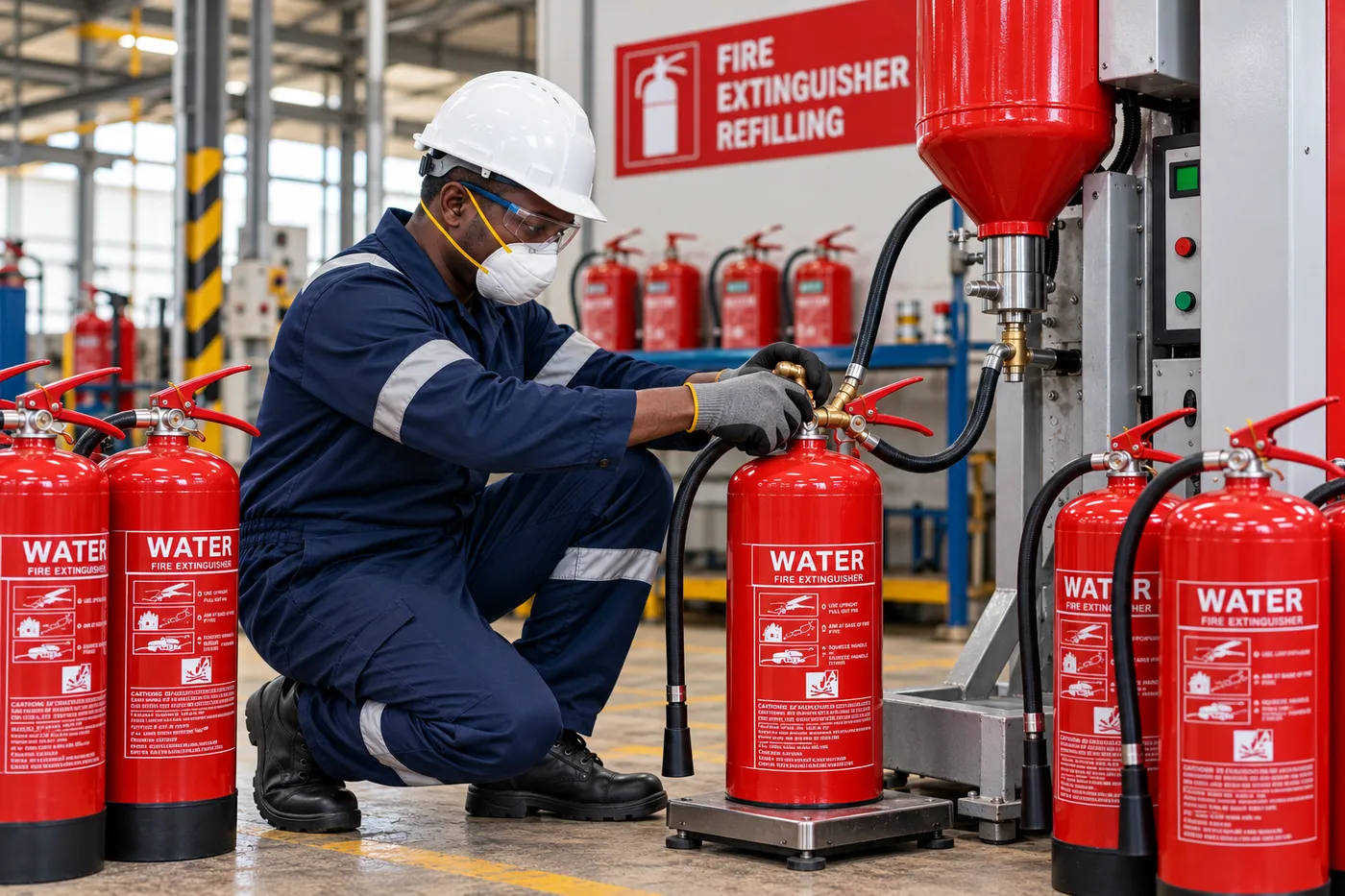 Technician in a hard hat and mask refilling a red fire extinguisher at a refilling station